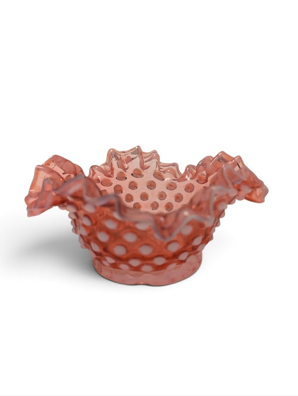 VINTAGE Fenton Hobnail Ruffled Bowl Glass Cranberry Pink Red White BonBon Dish - Picture 7 of 10